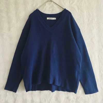 MOUSSY Vネック ニット ネイビー FREE ゆったり 長袖