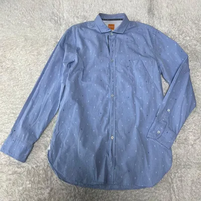 美品 HUGO BOSS 長袖シャツ M スリムフィット ブルー ハサミ柄