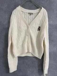 SPAO ケーブルニット カーディガン ホワイト クマ刺繍 韓国 M