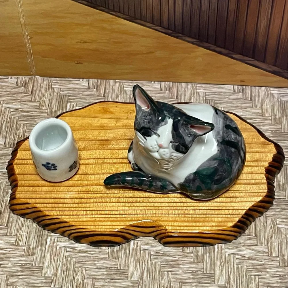 有田焼 アトリエ夢 陶器製 木製台 猫