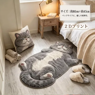 ヘソ天猫 マット 80×45 2Dプリント 韓国風 インテリア 玄関 寝室 ねこ