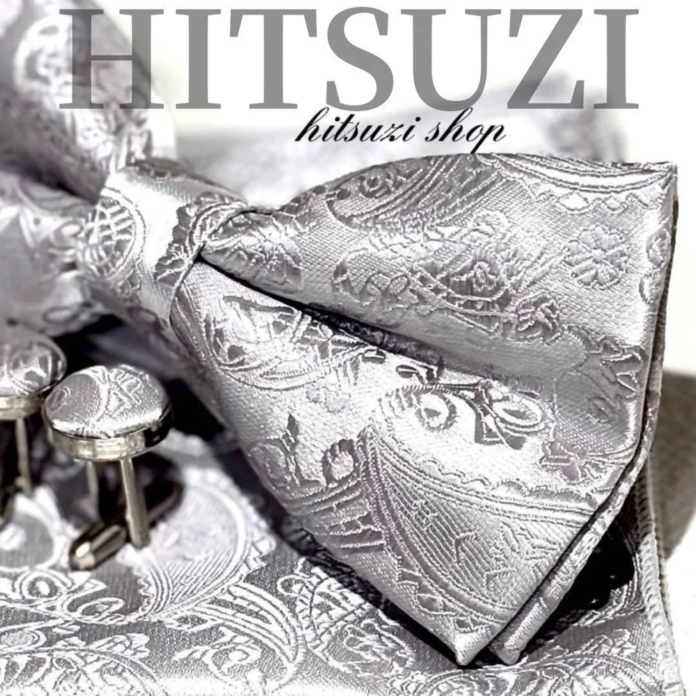 ◆蝶ネクタイチーフカフス シルバー銀色結婚式フォーマルお色直し小物新郎 kja