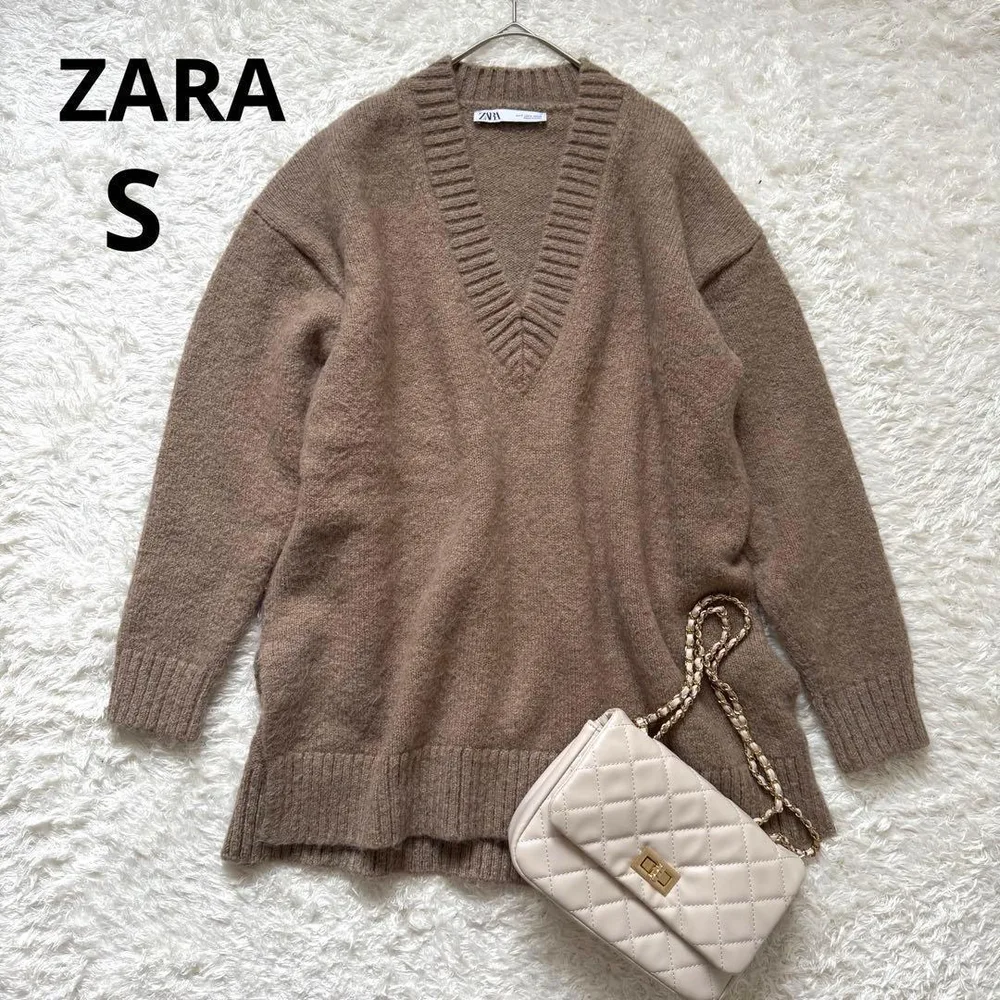 ZARA ザラ◆ニットセーター Vネック長袖 (S)茶 サイドスリット冬服