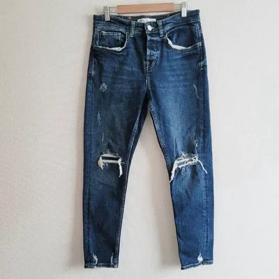ザラ ZARA デニムパンツ ダメージ加工 裾カットオフ インディゴ メンズM