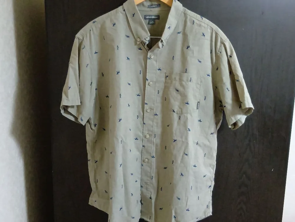 Eddie Bauer 半袖シャツ ベージュ、グリーン 総柄 XL 60
