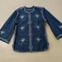 花かご刺繍 長袖ブラウス ネイビー