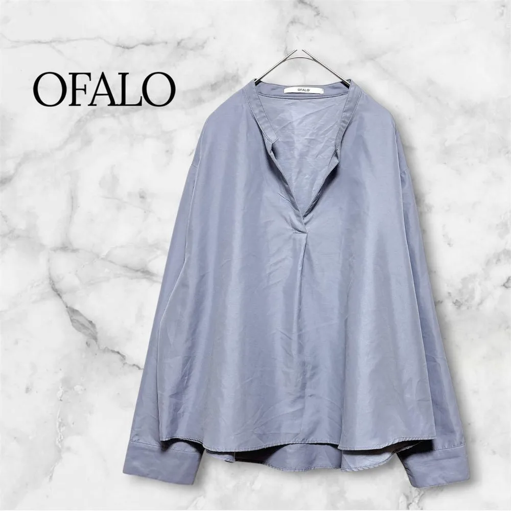 OFALO オファロ 長袖スキッパーブラウス L グレー系 ゆったり 無地 上品