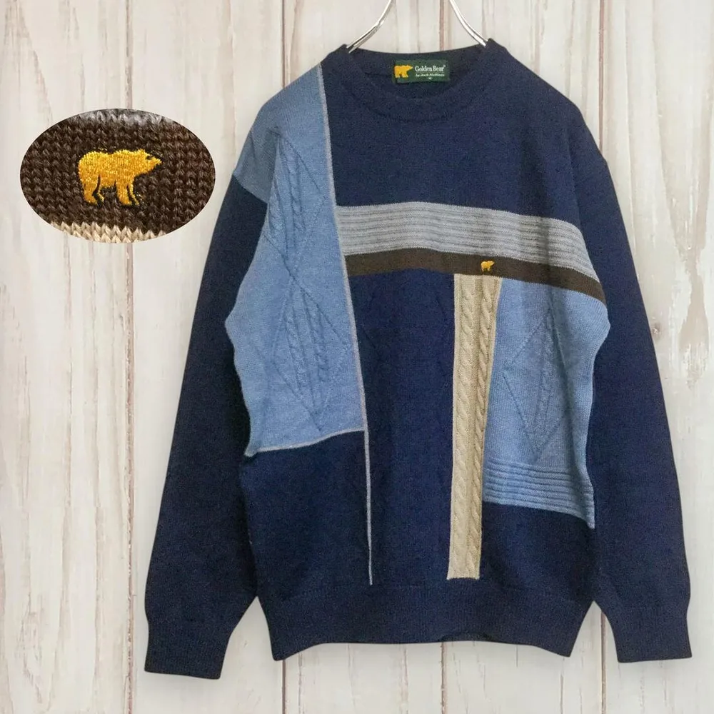 ゴールデンベア 長袖 ニット 90s ワンポイント 日本製 ウール M 古着