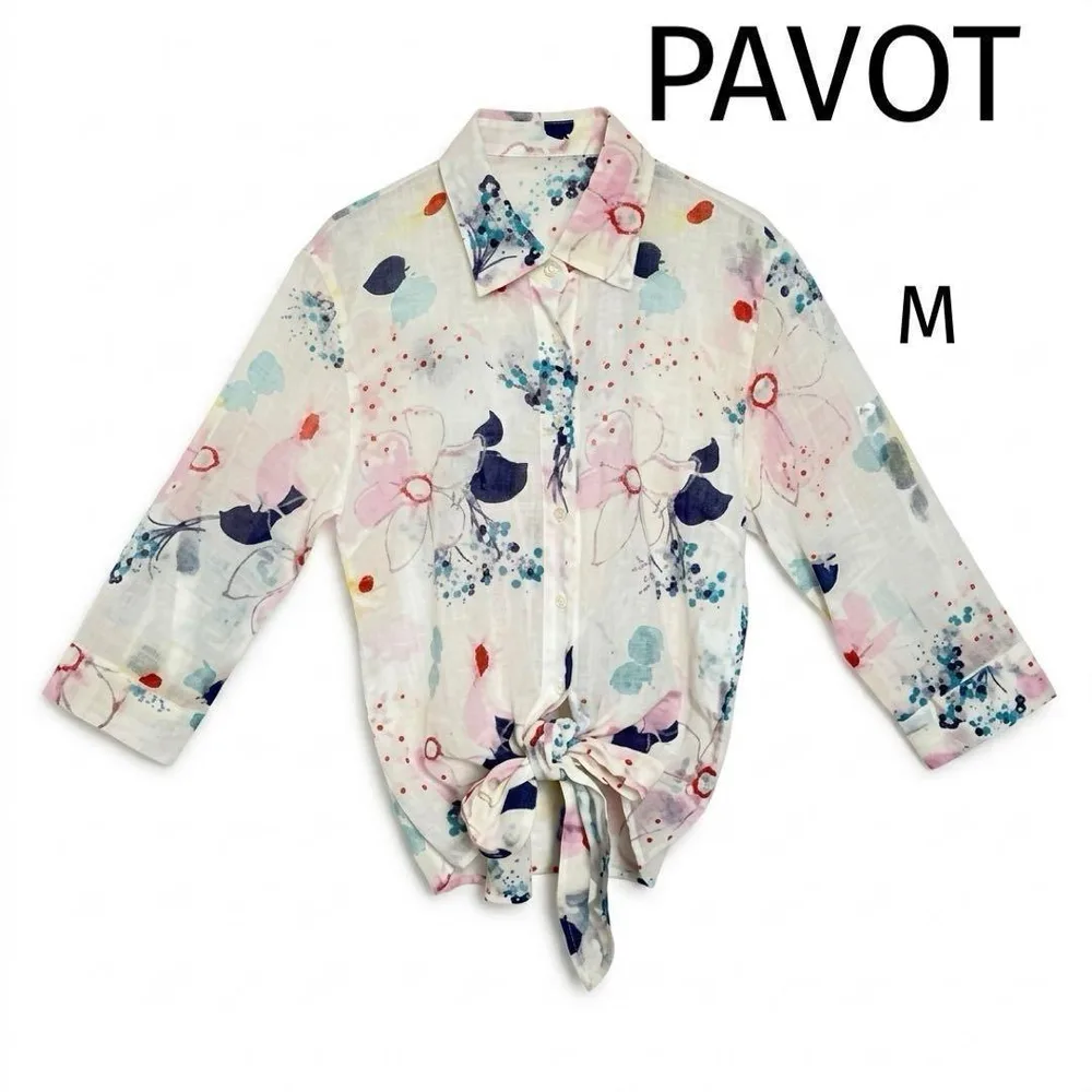 PAVOT 花柄シアーシャツ M ラメ糸入 ブラウス 日本製 七分袖 羽織り