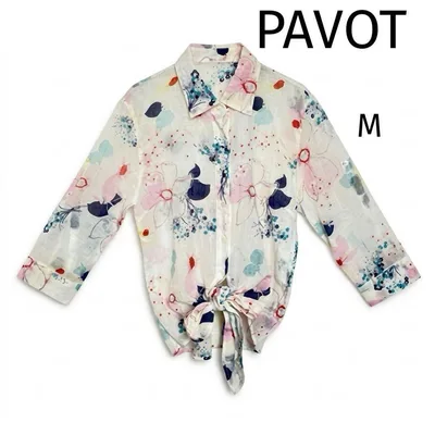 PAVOT 花柄シアーシャツ M ラメ糸入 ブラウス 日本製 七分袖 羽織り