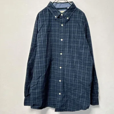 美品⭐️ハガー【M】チェック 長袖 ボタンダウン シャツ 紺 緑 綿 ストレッチ
