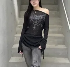 ZIPPER CLUB オフショルダーシアーデザインニット