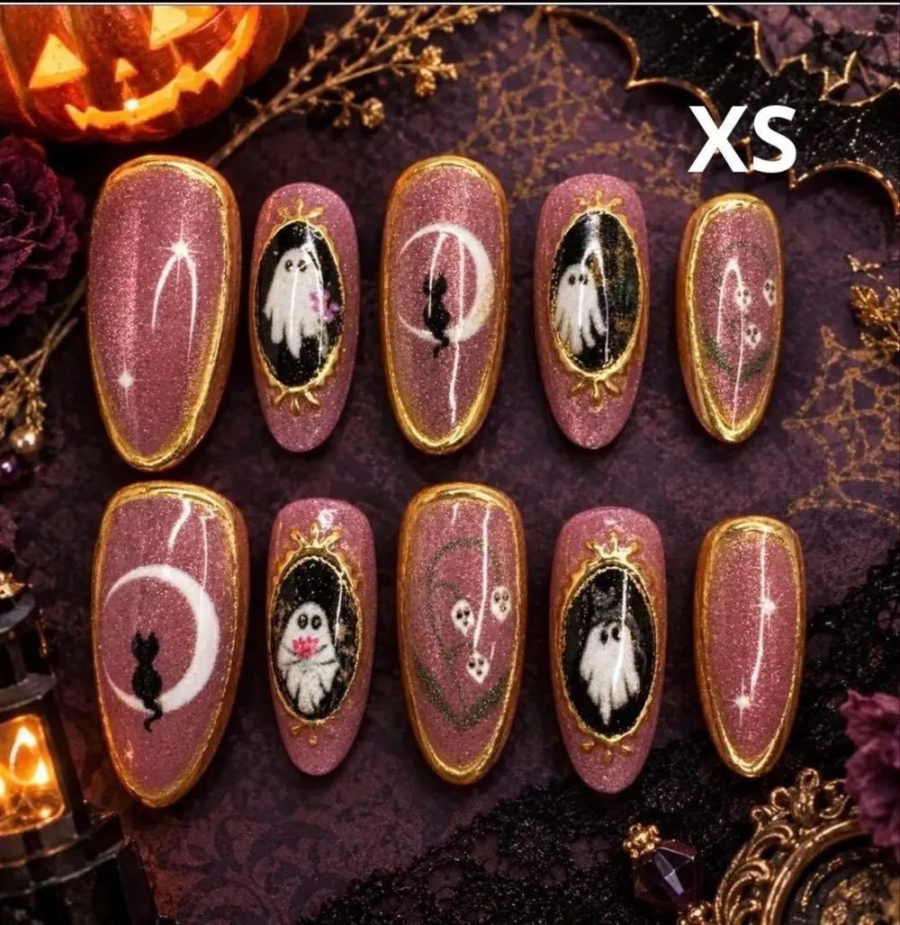 ネイルチップ ハロウィン ゴースト ピンクベージュ猫 10枚セット XSサイズ