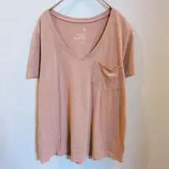 エス 半袖 Tシャツ Vネック ポケット 無地 桃 合繊 カジュアル