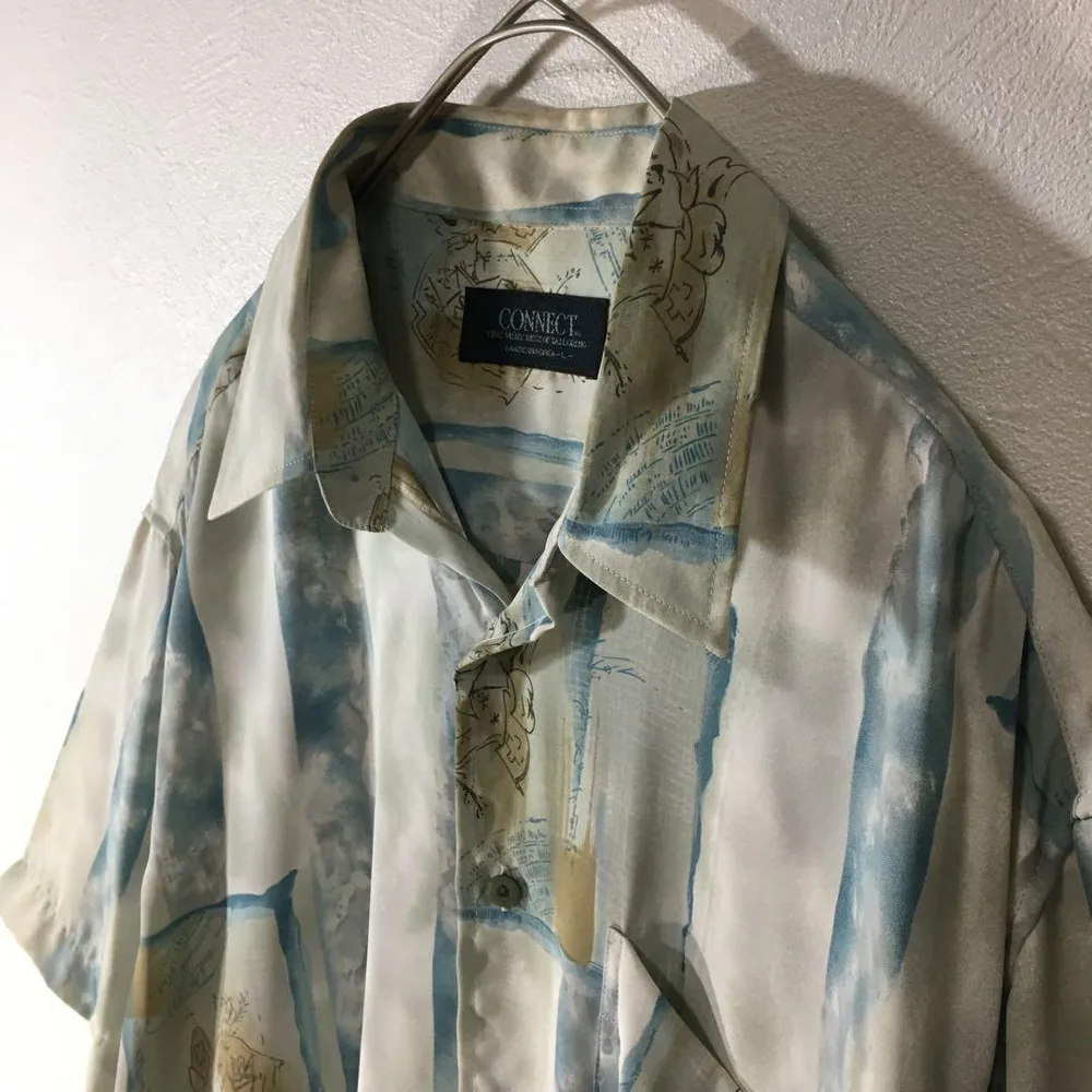 【個性派古着】半袖総柄デザインシャツ エンブレム 水彩画風 涼しげ ブルー L