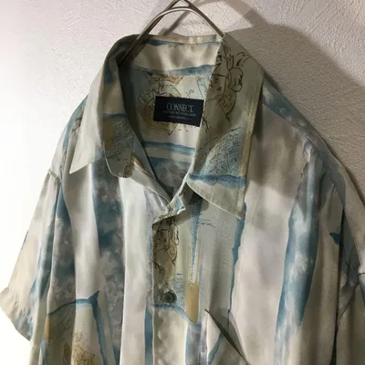 【個性派古着】半袖総柄デザインシャツ エンブレム 水彩画風 涼しげ ブルー L