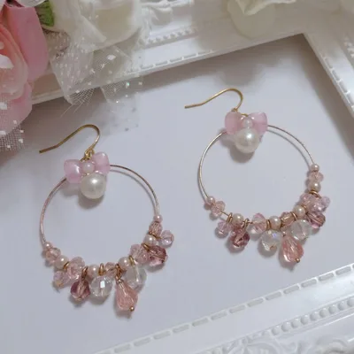 ピンク リボン パール シャンデリア 大ぶり フープ ピアス イヤリング