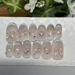 ハンドメイド ネイルチップ ワンホン マグネット フレンチ チーク リボン