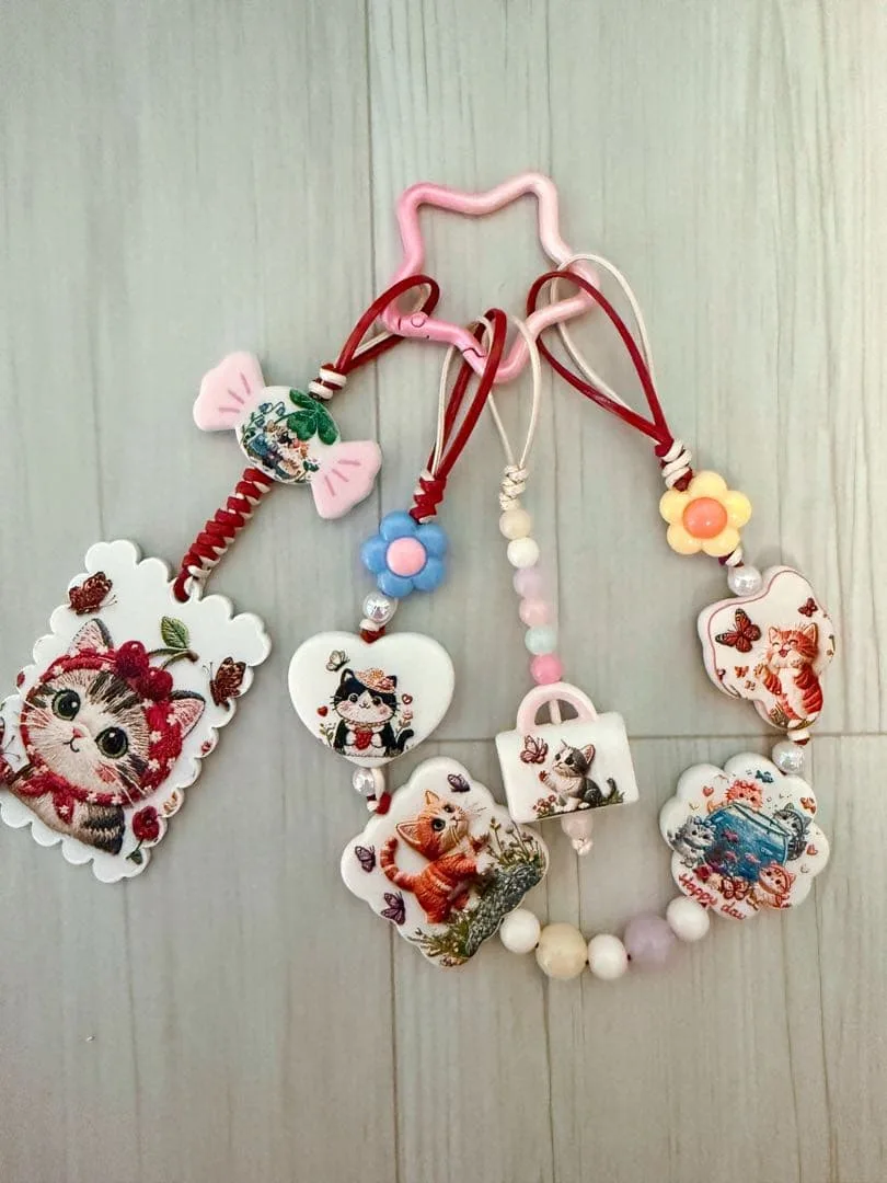 猫モチーフ♡ストラップ ハンドメイド ピンク×パステル