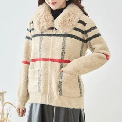 新品 今季 シャギー ニット ジップアップ ジャケット チェック柄 ファー