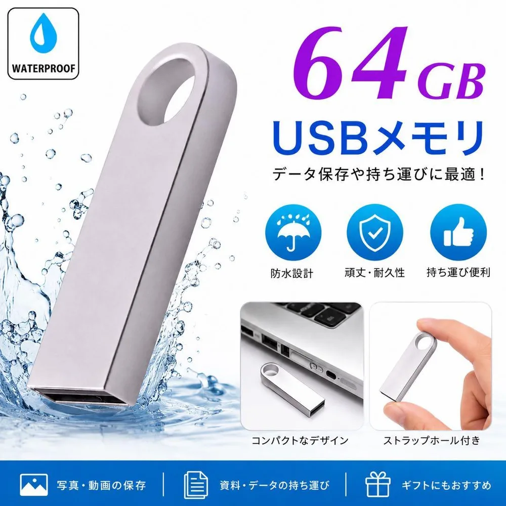 USBメモリ 64GB 2.0規格 1個 USBフラッシュドライブ 小型軽量