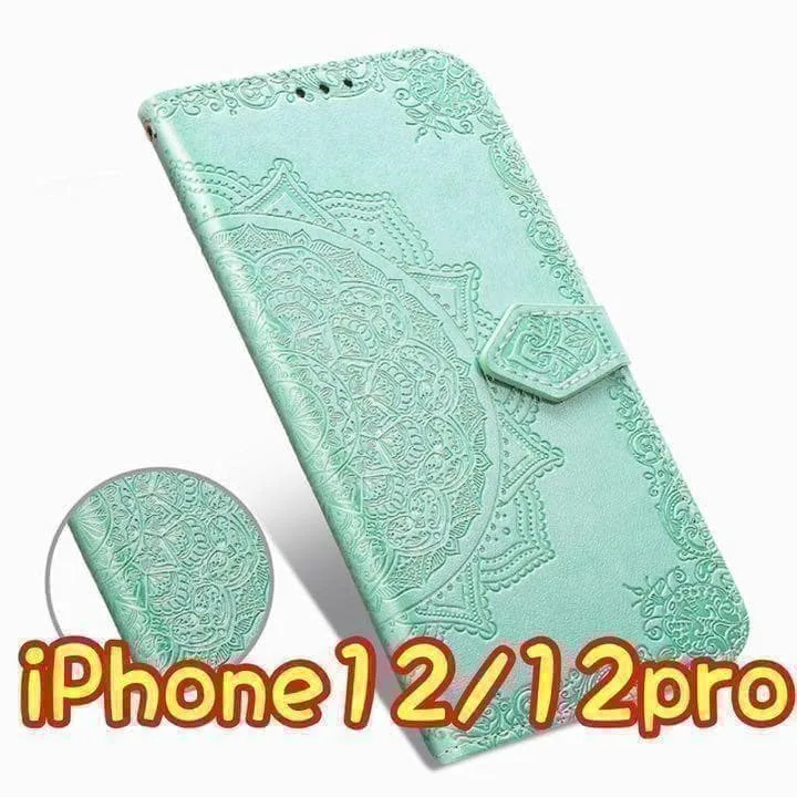 エンボス加工スマホケース 手帳型 iPhone12/12pro グリーン