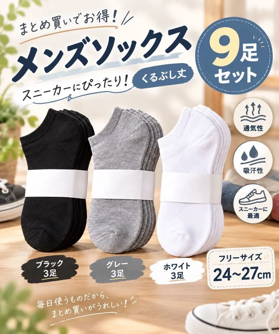 メンズ 靴下 9足 スニーカー くるぶし 白 黒 グレー 24〜27 ソックス