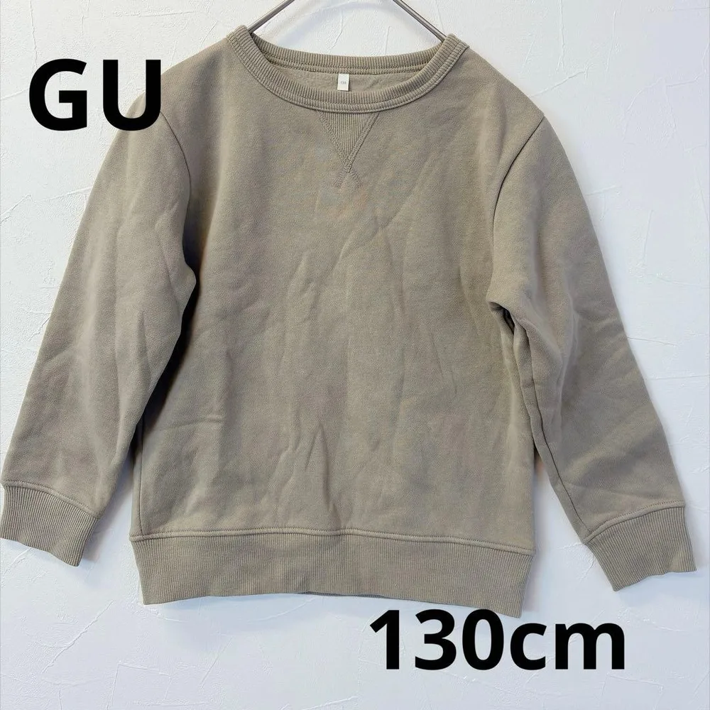 GU キッズ 長袖 トレーナー カーキ 130cm クルーネック裏起毛