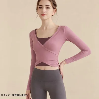 Lサイズ ヨガウェア ピンククロスデザイン トップスレディース フィットネス