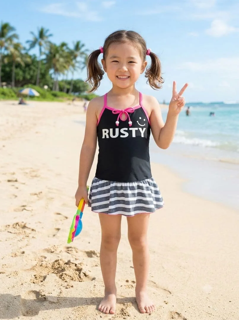 RUSTY キッズ ワンピース水着 ボーダー フリル