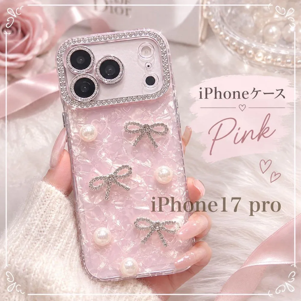 iPhone17 pro ケース リボン パール ラインストーン 韓国 女の子