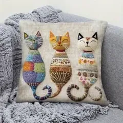 刺繍 3匹のカラフル猫 クッションカバー 45×45cm 北欧風 アジアン