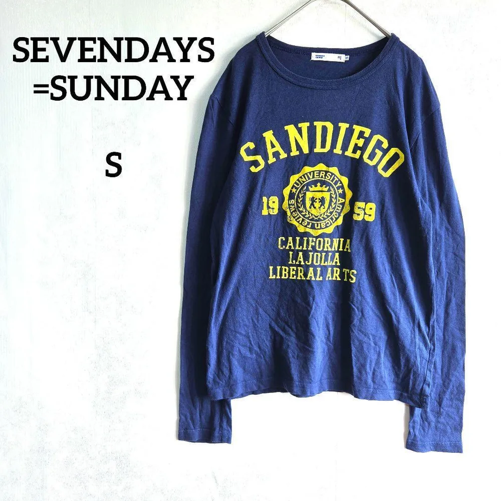 セブンデイズサンデイ 長袖 S Tシャツ ネイビー カレッジロゴ風 プリント