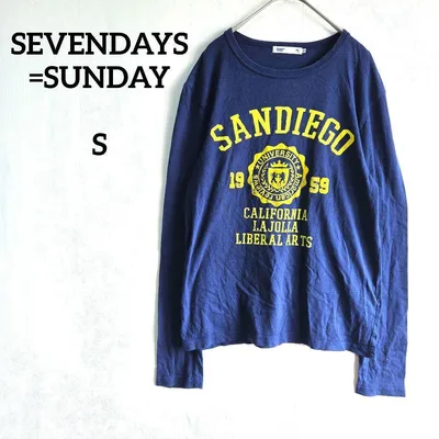セブンデイズサンデイ 長袖 S Tシャツ ネイビー カレッジロゴ風 プリント