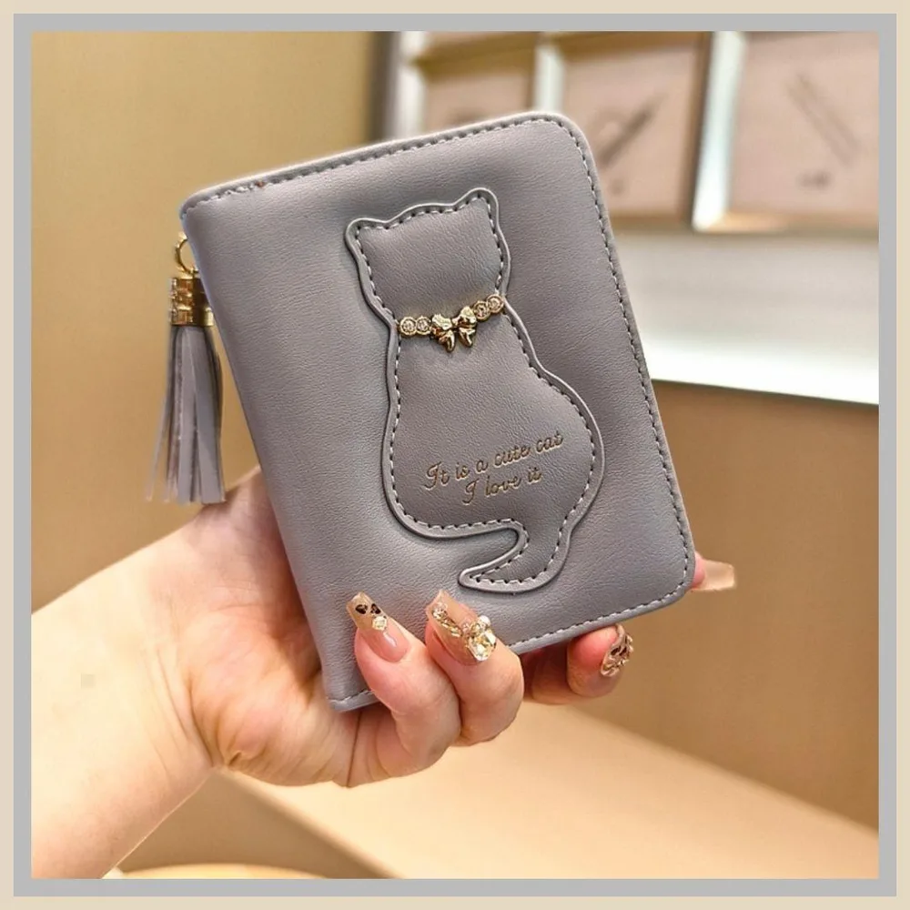 【新品】二つ折り財布 猫柄 グレー レディース ミニ財布 ウォレット ネコ
