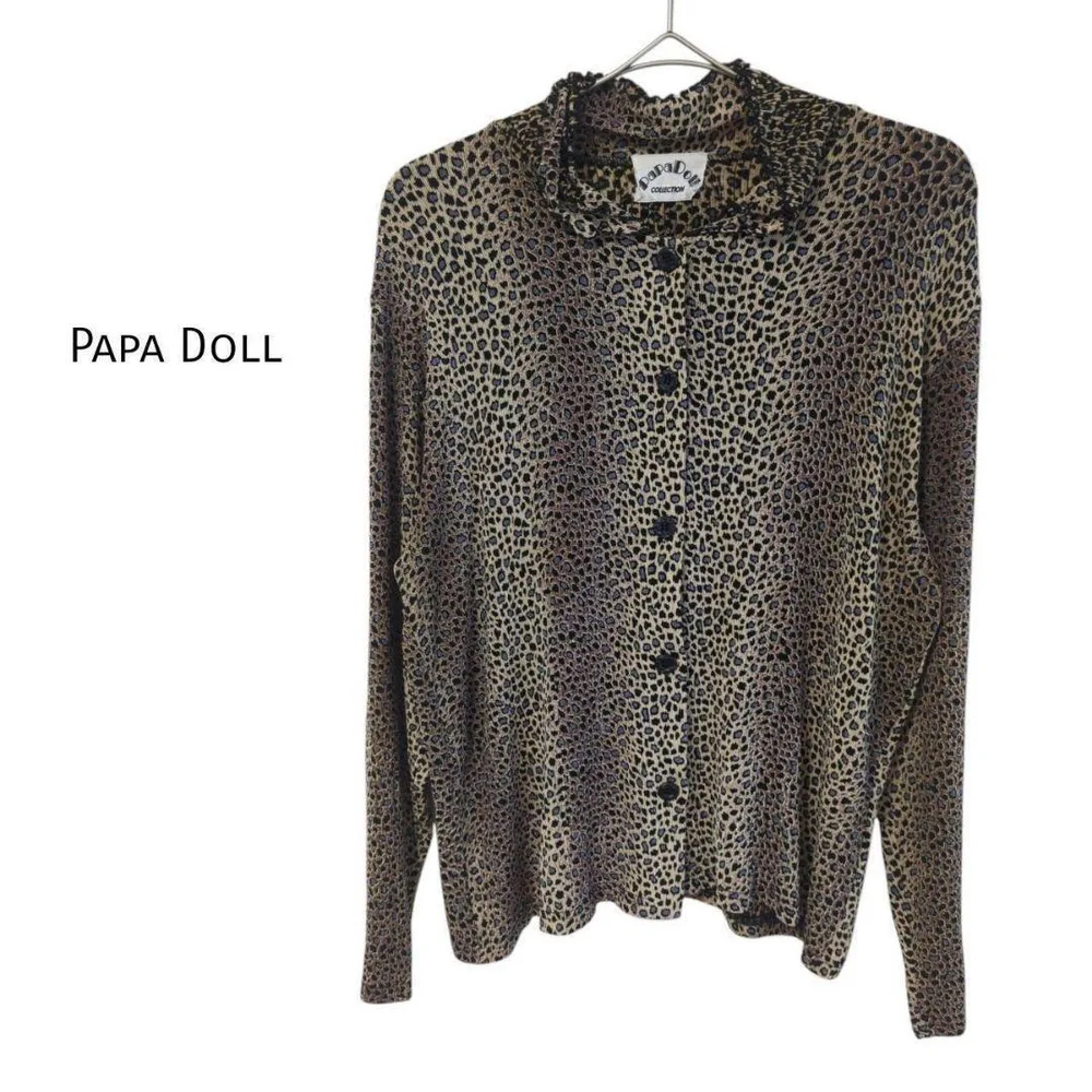 ◯PAPA DOLL レオパード柄 長袖ブラウス フリル F ブラウン