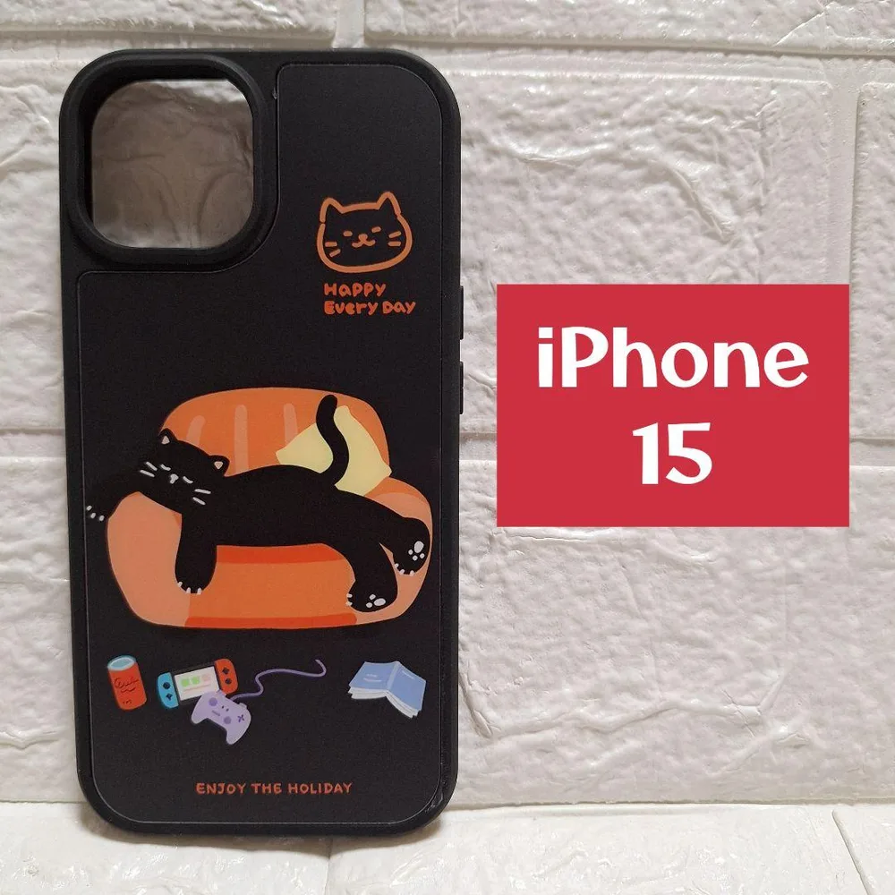 iPhone 15 スマホケース ブラック 黒猫柄 可愛い スマホカバー