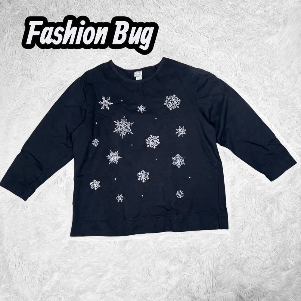 Fashion Bug 雪の結晶柄 長袖カットソー ブラック 18/20W 古着