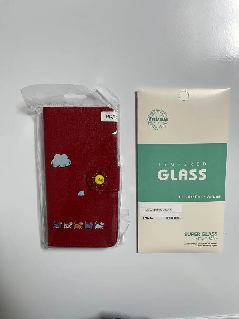 iPhone 13/14用猫柄手帳型ケースと液晶保護ガラスフィルム (1枚)