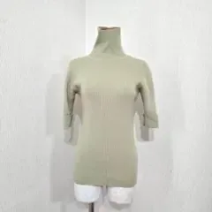 タートルネックリブニット ライトグリーン 羊毛混 5分袖(M)