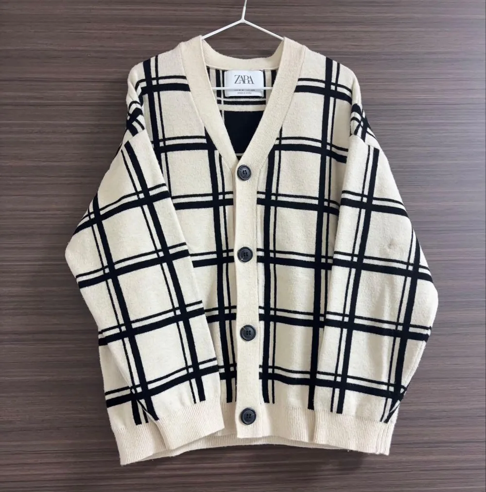 ZARA キッズ チェック柄 ニットカーディガン 130 アイボリー