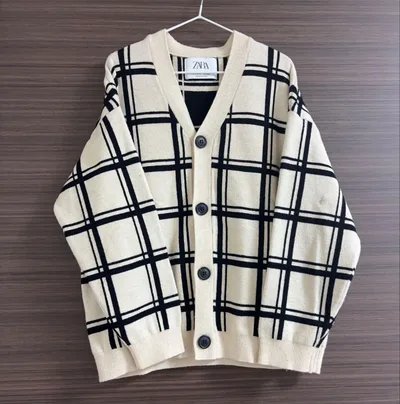 ZARA キッズ チェック柄 ニットカーディガン 130 アイボリー
