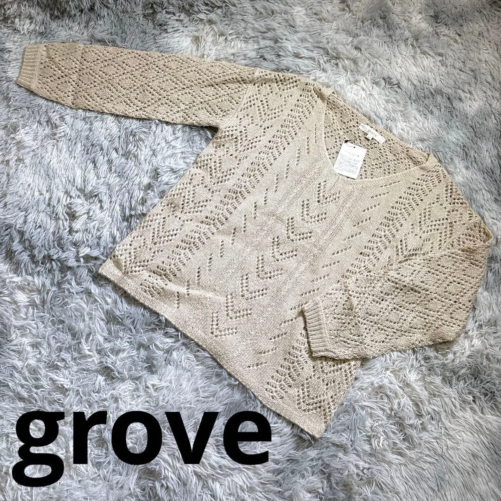 grove グローブ(M)新品タグ付き 長袖 ニット セーター ベージュ 薄茶