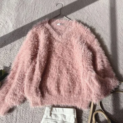美品(L)シャギーニット セーター プルオーバー Vネック 厚手 ピンク