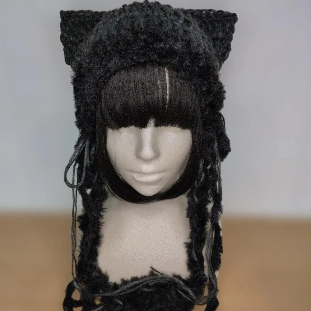 手編みの猫耳ニット帽❗️シャドウグレー❌️チャコールブラック+ファー顎紐付y2k