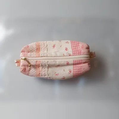 ハンドメイド ワッフル生地 ポーチ ピンク 花柄