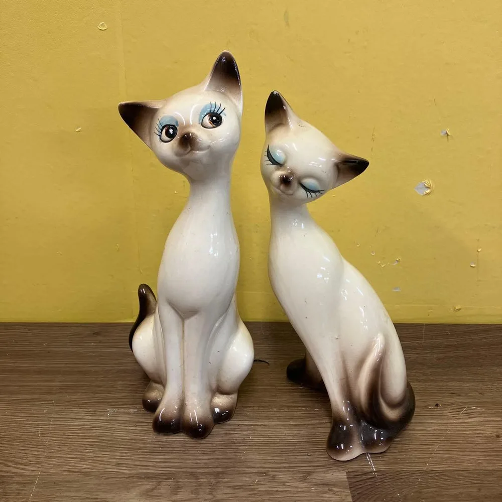 E-4 昭和レトロ シャム猫 陶器 置物 ペア 貯金箱 猫 ネコ ビンテージ