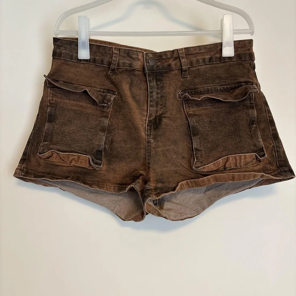 ファッションノバ ショートパンツ 無地 ロールアップ 1X 茶 綿 ビッグサイズ