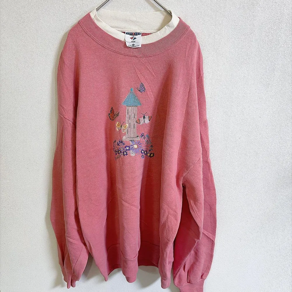 ジャージーズ スウェット ダブルリブ 蝶刺繍 XL 桃 綿ポリ デート