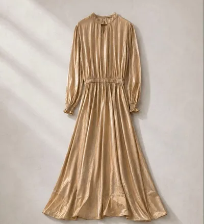 【oa27】MUSEL ロングワンピース ギャザー 光沢感 M フレアワンピース